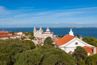 Panoramic shot of buildings by sea against blue sky