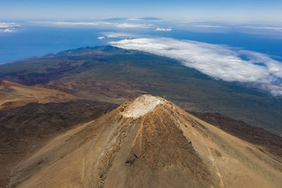 Summit of volcano teide with island la gomera in the backgroung at sunny day.