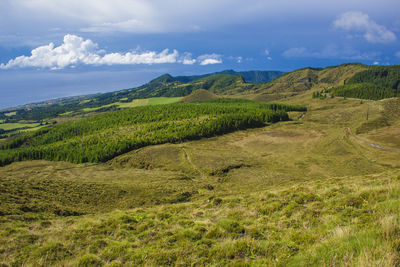 Scenic view of landscape and sea against sky