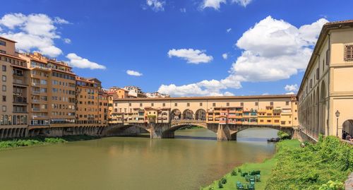 Arch bridge over river by buildings against sky in city