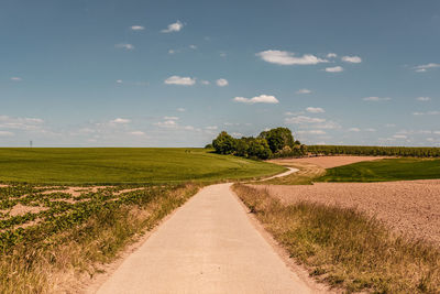 Dirt road amidst field against sky