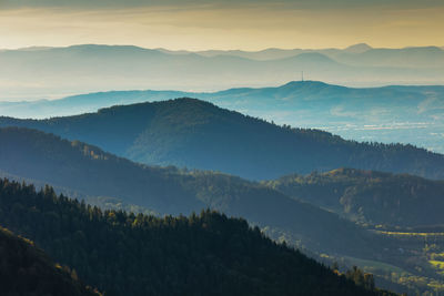 Scenic view of mountains against sky during sunset