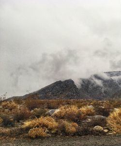 Scenic view of mountains against cloudy sky