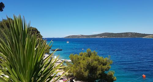 Scenic view of sea against clear blue sky