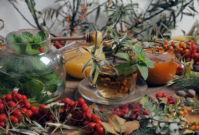 Close-up of christmas decorations on table