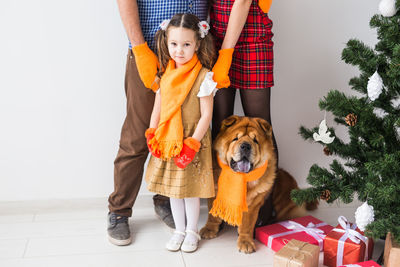 Portrait of boy with dog standing against wall