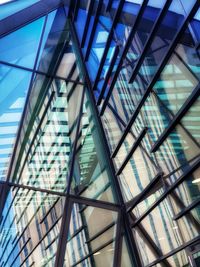 Low angle view of glass building against sky