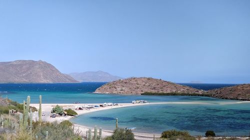 Scenic view of sea against clear blue sky