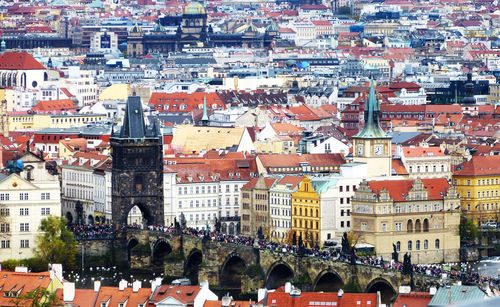 High angle view of buildings in city