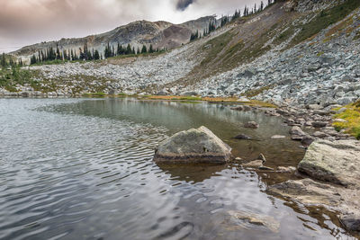 Scenic view of lake by rocks against sky