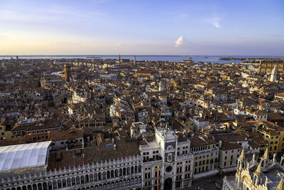 Aerial panoramic view of venice and the lagoon from campanile di san marco in saint mark square