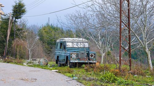 Abandoned car on road amidst trees in forest