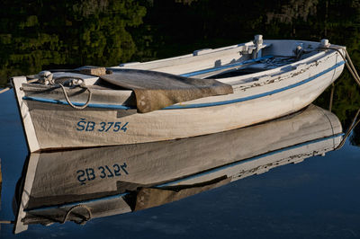 High angle view of boats moored at lake