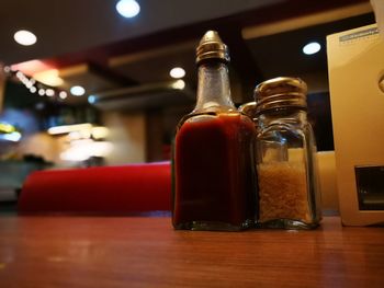 Close-up of red wine bottles