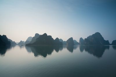 Panoramic view of lake and mountains against clear sky