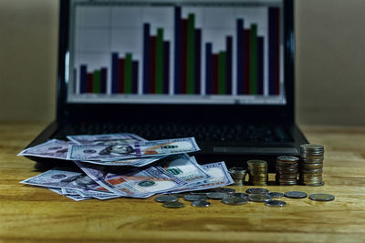 Close-up of coins on table