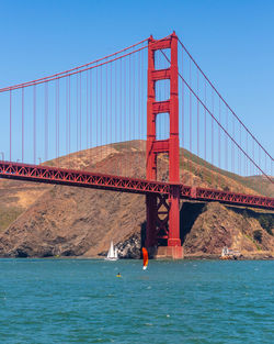 View of suspension bridge over sea