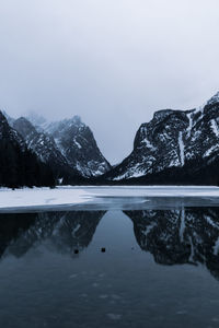 Scenic view of lake and snowcapped mountains against sky