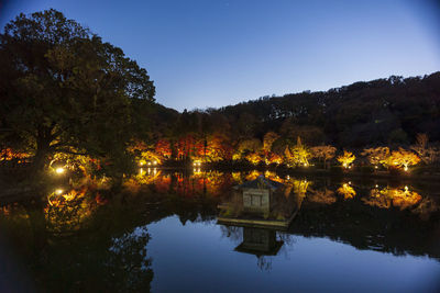 Scenic view of lake by trees against sky at night