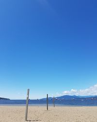 Scenic view of beach against clear blue sky