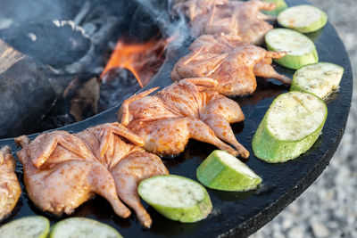 Close-up of meat on barbecue