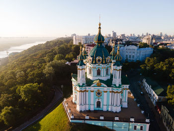 High angle view of buildings against sky