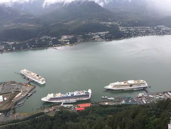 High angle view of city by sea