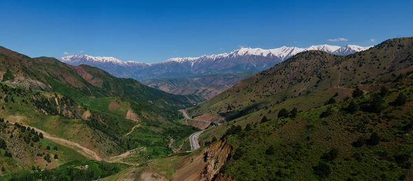 Panoramic view of mountain range against clear sky