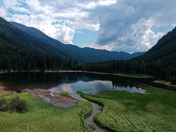 Scenic view of lake and mountains against sky