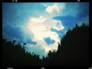 Low angle view of trees against cloudy sky