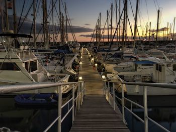 Sailboats moored in harbor at sunset