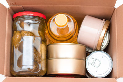 High angle view of containers on table