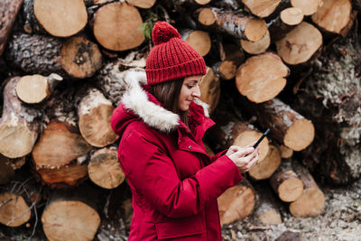 Full frame shot of logs in winter