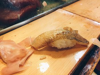 High angle view of sushi in plate on table