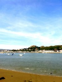 Scenic view of beach against blue sky