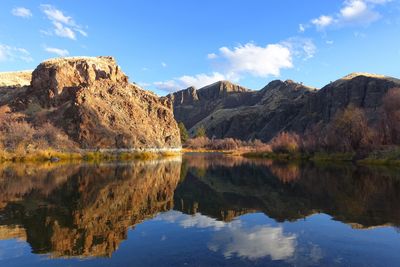 Scenic view of lake and mountains against sky