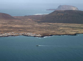 Aerial view of sea and mountain against sky