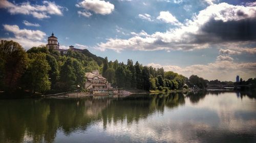 Scenic view of lake against cloudy sky