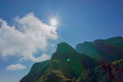 Low angle view of mountain against sky on sunny day