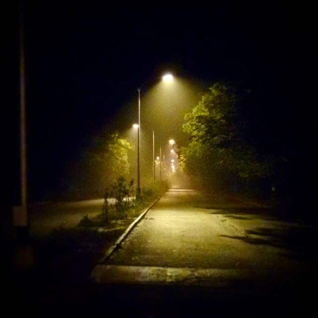 night, illuminated, the way forward, street light, transportation, road, diminishing perspective, street, lighting equipment, tree, vanishing point, empty, empty road, road marking, dark, sky, outdoors, long, no people, light - natural phenomenon