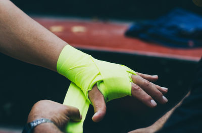 Close-up of hand holding leaf outdoors