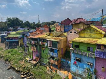 High angle view of townscape against sky, rainbow village in malang