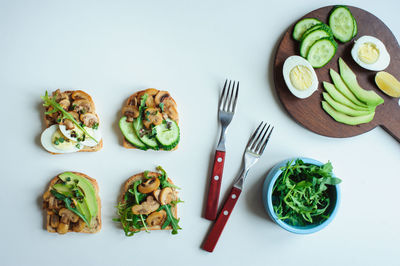 High angle view of food served on table