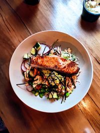 High angle view of food in plate on table