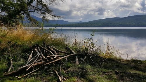 Scenic view of lake against cloudy sky