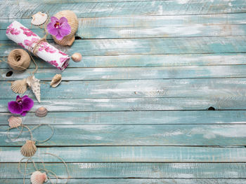 Directly above shot of decorative equipment on wooden table