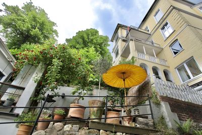 Low angle view of trees and building against sky