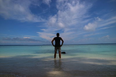 Rear view of man standing on beach against sky