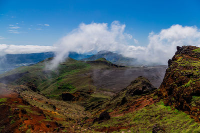 Scenic high angle view on mountains, aso town, and volcanic soil in kyushu, japan