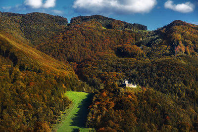 Scenic view of trees and mountains against sky